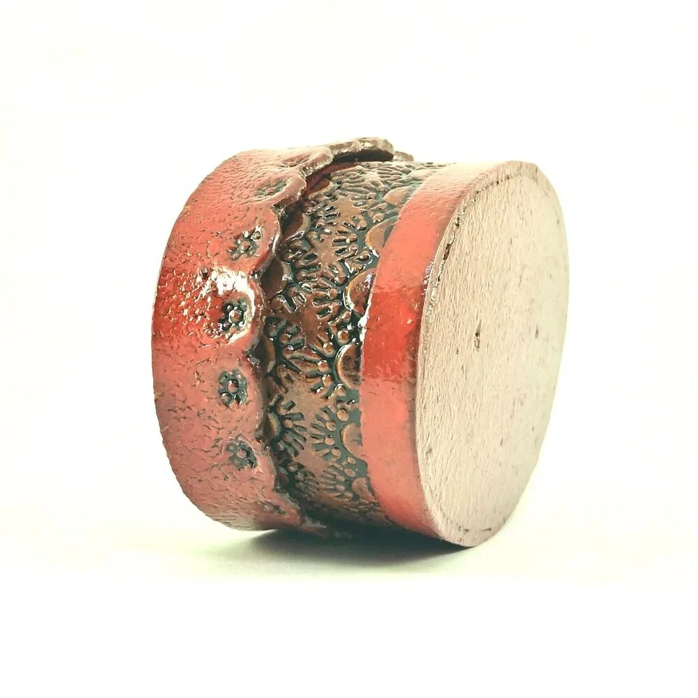 hand tooled leather trinket box butterfly moth folk art keepsake jewelry oval